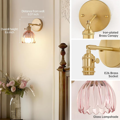 Shenmoyl Vintage Battery Operated Wall Sconce with Green Tulip Glass Lampshade Rechargeable Battery Powered Wall Light with Remote Control for Bedside Bedroom Doorway