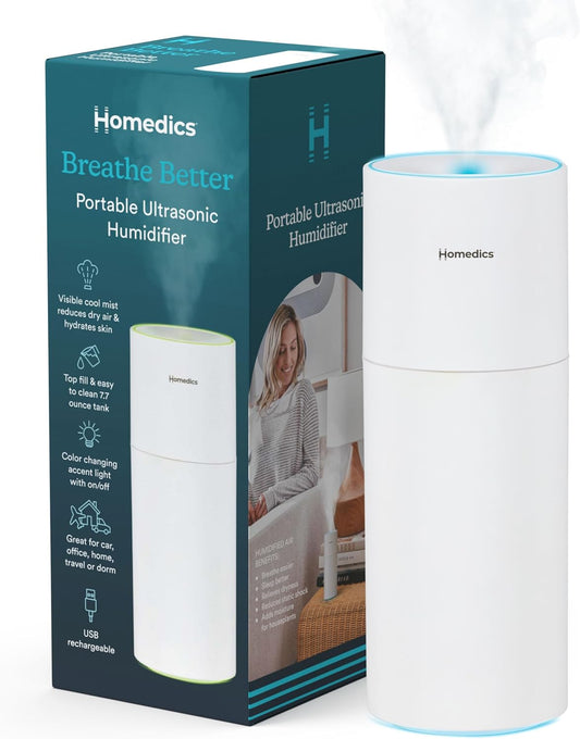 Homedics Portable Humidifier - Small Air Humidifiers, Matte White | for Bedroom, Plants, Office, Travel - Cool Mist Humidifiers, Color-Changing Accent Light, 2 Mist Settings