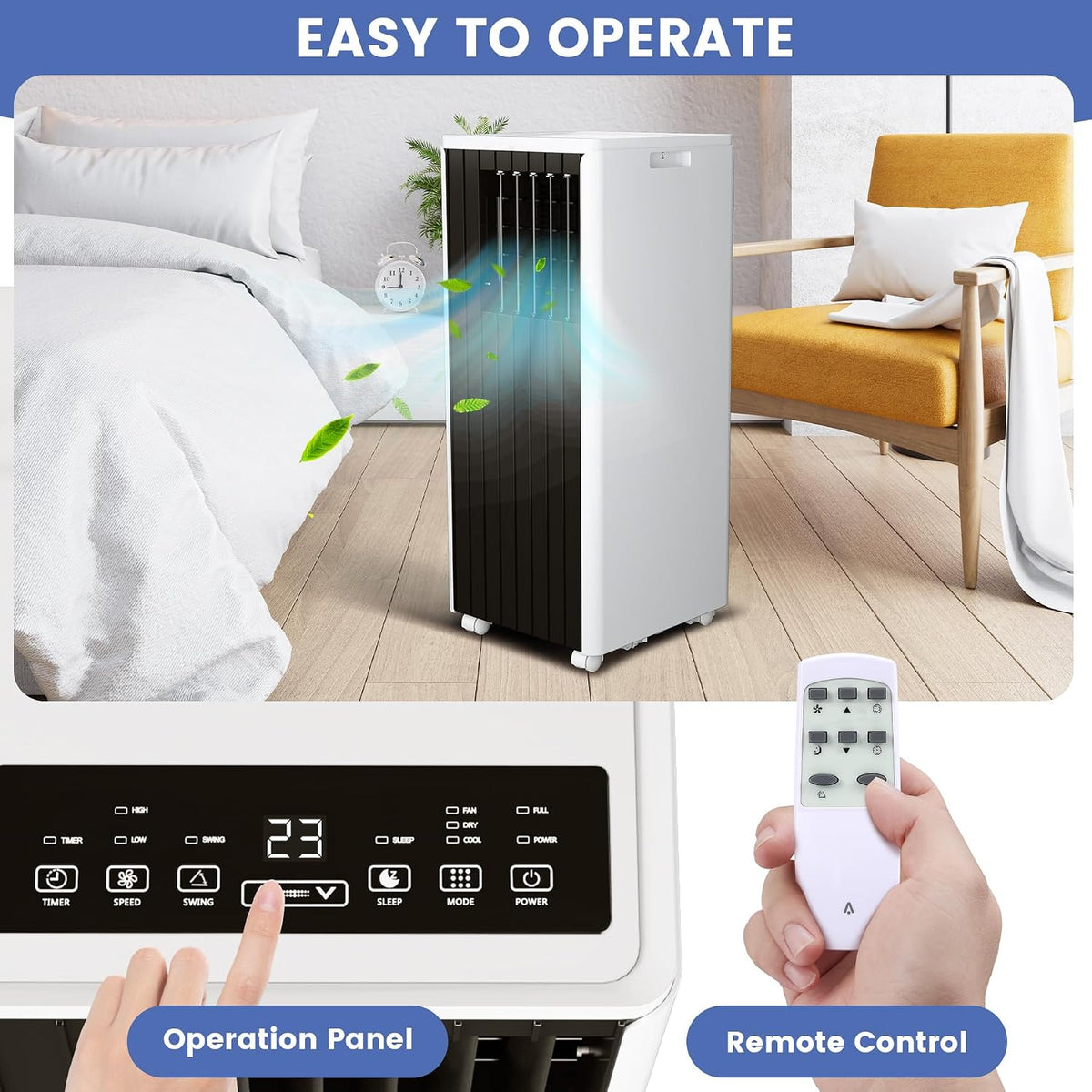 8000 BTU Portable Air Conditioner, 3 in 1 AC with Dehumidifier & Fan, Quiet 45dB, Remote, 24H Timer, Window Kit & Wheels, Cools Up to 350 Sq.ft, Bedroom, Dorm, Home Office