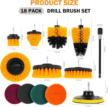 18PCS Drill Brush Attachments Set, Power Cleaning Scrub Brushes | Cleaning Brush Supplies with Scrub Pads, Sponge, Extend Long Attachment for Bathroom Bathtub, Grout, Tile, Sinks, Corners