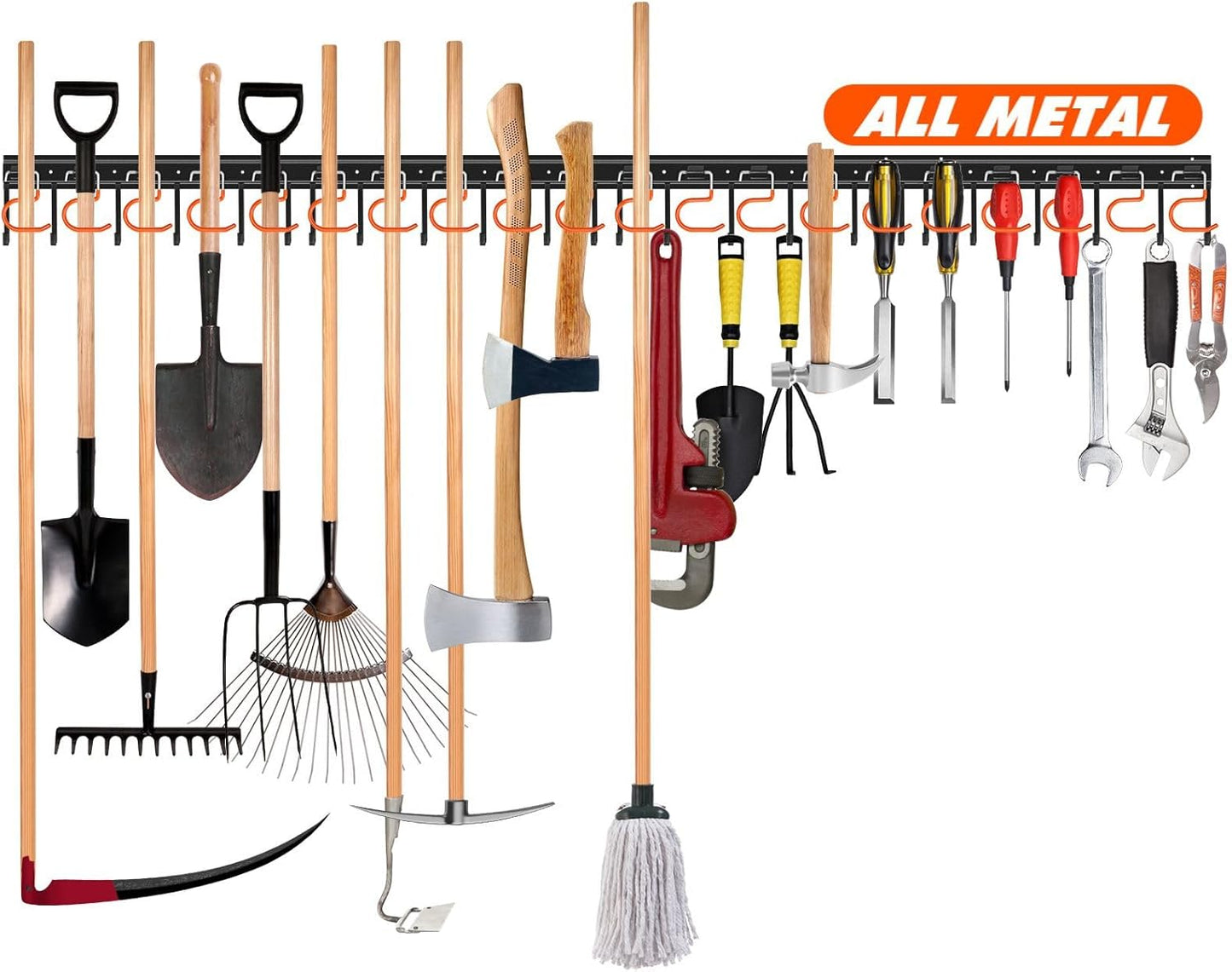 TVKB 68'' All Metal Garden Tool Organizer Adjustable Garage Tool Organizer Wall Mount Garage Organizers and Storage with Heavy Duty Hooks Tool Hangers for Garage Wall, Shed, Garden