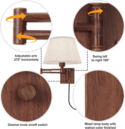 TRLIFE Wall Sconce Plug in, Dimmable Wall Sconces Set of Two Swing Arm Wall Lights with Plug in Cord and On/Off Dimmer Rotary Switch, 9.4" Medium Beige Fabric Shade(2 Pack, 2 Bulbs)