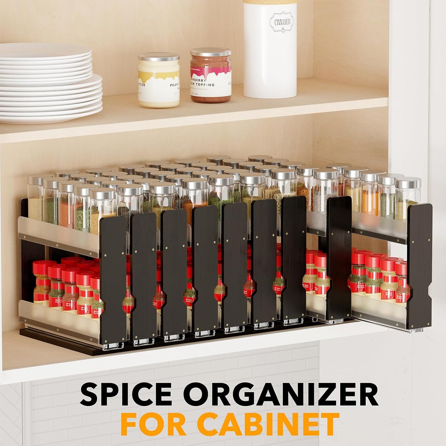 SpaceAid Bamboo Pull Out Spice Rack Organizer for Cabinet, Heavy Duty Slide Out Seasoning Kitchen Pantry Sliding Vertical Organization, 7.6" Wide, 3 Drawers(2" Wide), 2-Tier, Natural