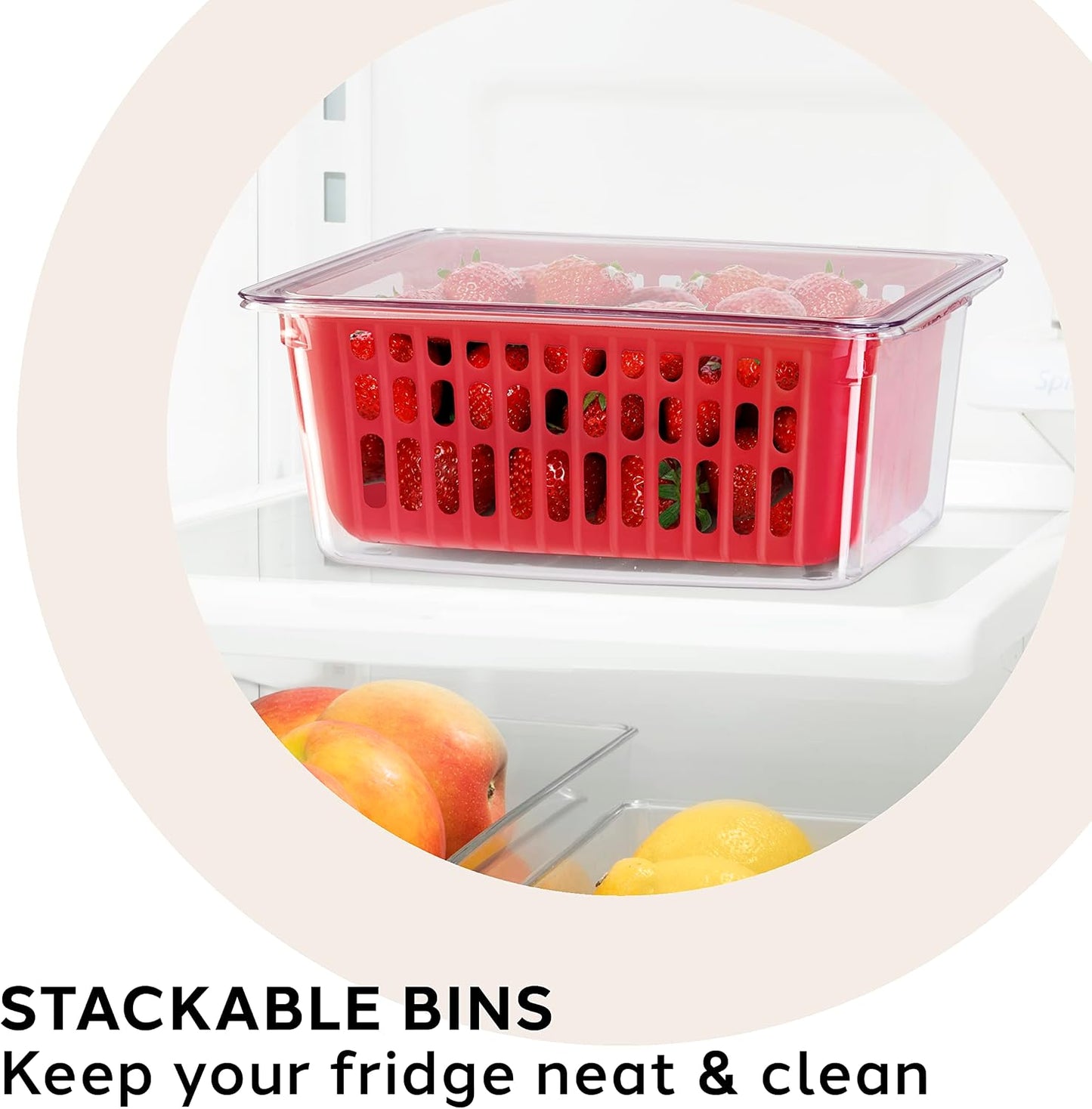 Oggi Berry Container for Fridge - Double Colander Basket - Ideal Berry Containers for Fridge, Includes Berry Colander Insert (8.75" x 6.75" x 3.75"), Red