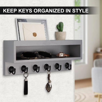 Key and Mail Holder Wall Mount with Long Storage Box and 6 Hooks | Key Holder For Coat, Dog Leash, Home Decor Rack, Entry Way Organizer