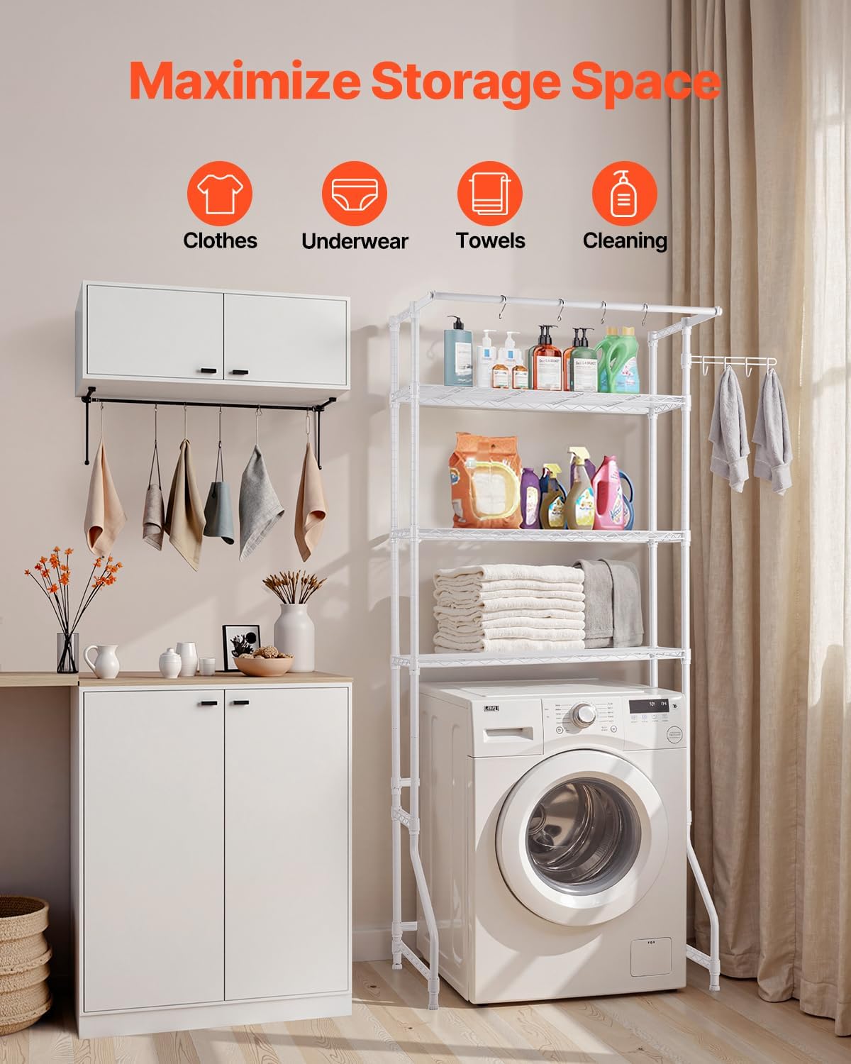 VEVOR Over The Washer and Dryer Storage Shelf, 3 Tier Laundry Room Drying Rack with Hanger Rod and Hooks, Adjustable Over Washer and Dryer Shelves, Laundry Room Shelf Storage Space Saver, White