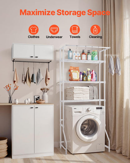 VEVOR Over The Washer and Dryer Storage Shelf, 3 Tier Laundry Room Drying Rack with Hanger Rod and Hooks, Adjustable Over Washer and Dryer Shelves, Laundry Room Shelf Storage Space Saver, White