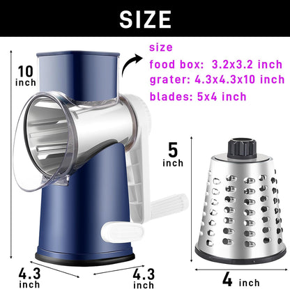 Weltonhm 4 in 1 Large Rotary Cheese Grater Hand Crank (black, 3 Graters) | Cheese Shredder Rotary and Slicer with 4 Stainless Steel Blades for Vegetables, Veggie and Cheese, Stronger Suction Base