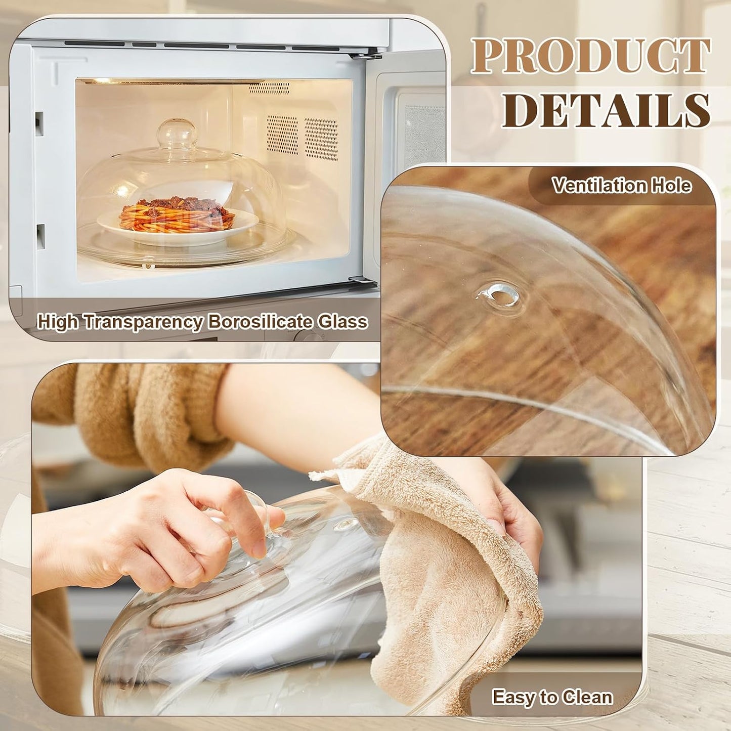 3 Sizes Glass Microwave Splatter Cover for Food, 6/8/10 Inch, Tall Splatter Guard with Basting Brush Oven Mitts Borosilicate Glass Non Toxic Non Plastic with Vent Hole for Food Dishwasher Safe