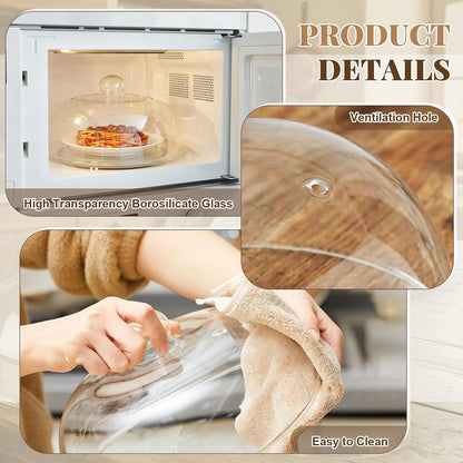 3 Sizes Glass Microwave Splatter Cover for Food, 6/8/10 Inch, Tall Splatter Guard with Basting Brush Oven Mitts Borosilicate Glass Non Toxic Non Plastic with Vent Hole for Food Dishwasher Safe