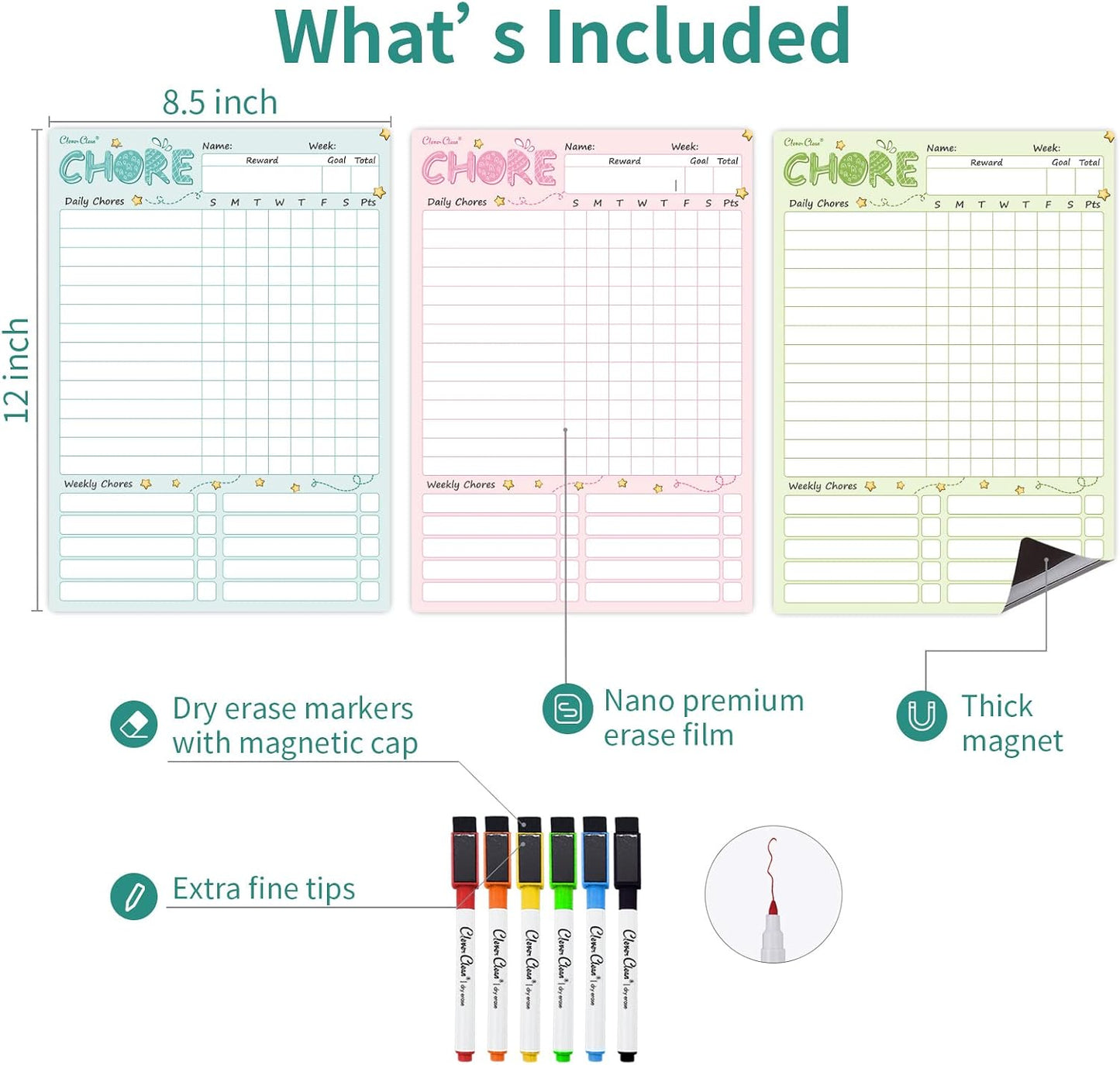 Magnetic Dry Erase Chore Chart - 8.5"x12" Behavior Responsibility Chore Board for Kids, Teenagers - 6 Extra Fine Point Markers Included - Shipped Flat 3 Pcs Blue Pink & Green
