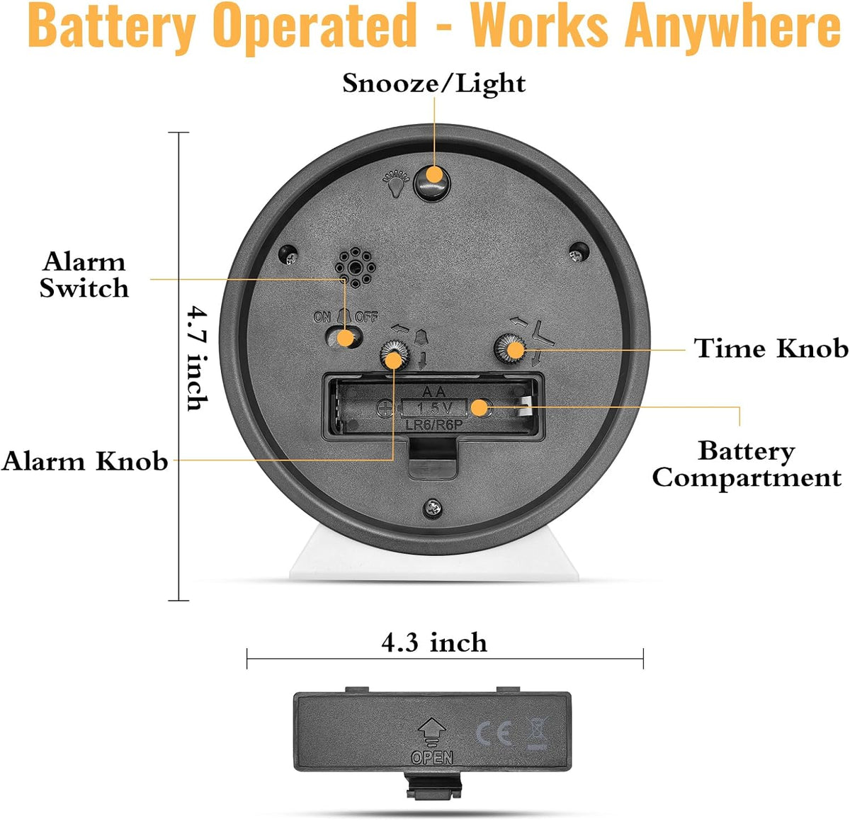 4.5 Inch Small Desk Clock Battery Analog Alarm Clock for Bedroom, Black