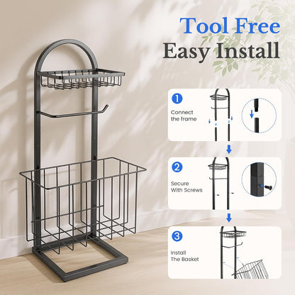 Toilet Paper Holder Stand Freestanding with Storage Basket for Bathroom | Freestanding Toilet Paper Stand for Bathroom,Heavy Duty Tissue Roll Holder Rack with Top Shelf for Organizer,black