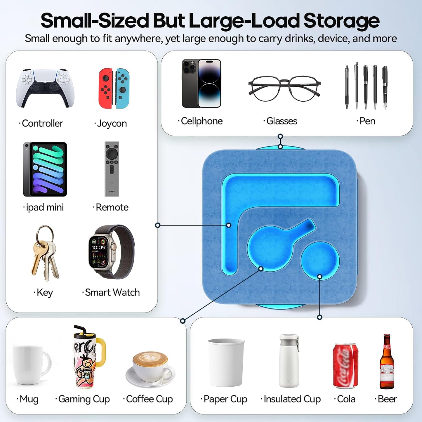 Couch Cup Holder Pillow, Sofa and Bed Caddy for iPad, Kindle, Switch, Game Controller, Remotes, Phones, Small-Sized Cup & Drink Holder for Couch, Bed, Desk, Car, Beach, Bathroom Cup Holder