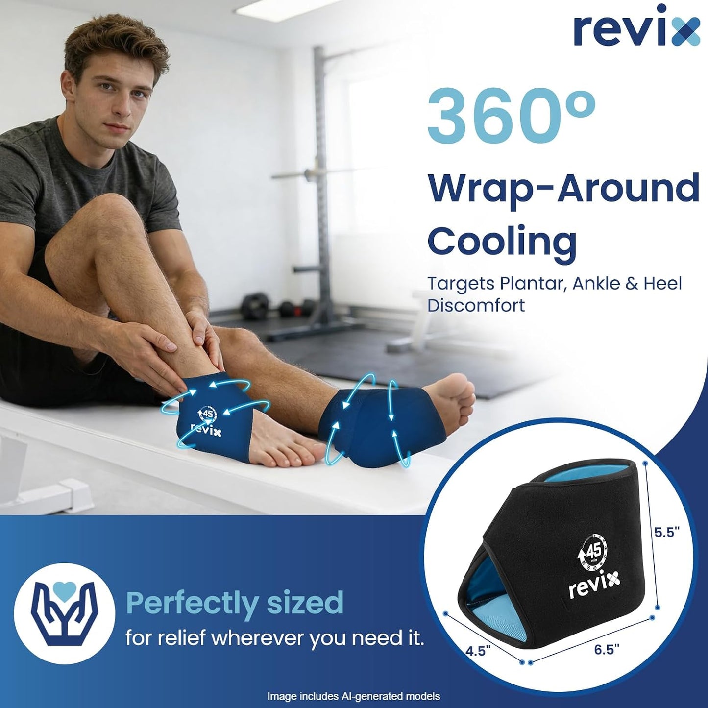 REVIX Ankle Ice Pack Wraps for Plantar Fasciitis Relief, 45-Min Coldness | Gel Cold Compress Wrap for Feet Pain Relief, Reusable Ice Pack for Foot with Ice Grid Design for Achilles Tendonitis, 2 Packs