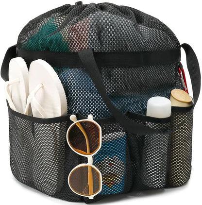 Fammart Mesh Shower Caddy Portable with Drawstring, Dorm Room Essentials for College Girls Guys, 8-Pocket Extra Large Shower Bag Basket Tote for Camping Beach Gym Travel Toiletry Bathroom
