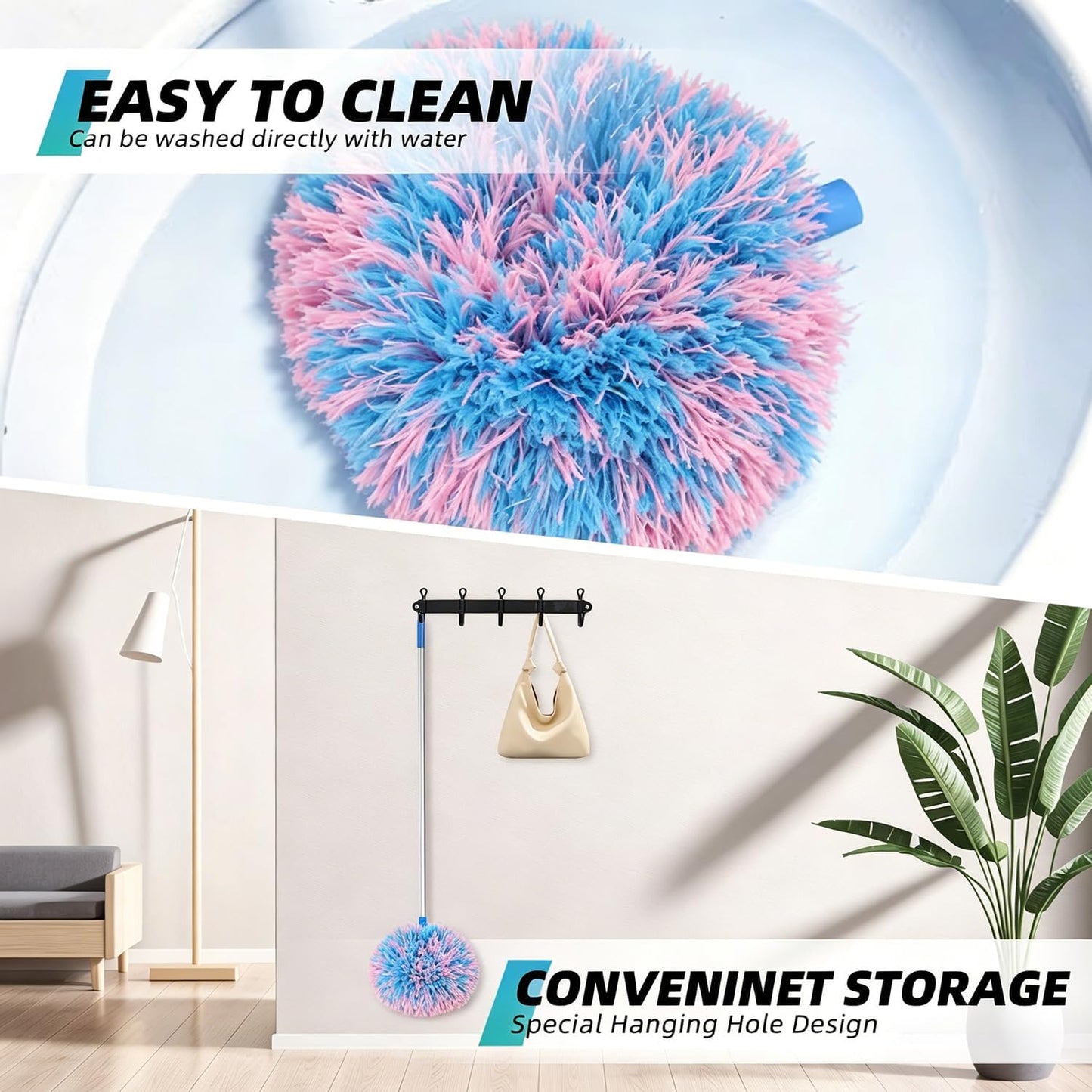 DRQ Ceiling Fan Cleaner Duster with 13-48 in Extension Pole, Blue | Detachable, Washable Microfiber Brush Head Is Reusable for Ceiling Fan Blades, Walls, Bookshelves, Door Tops and Window Tops