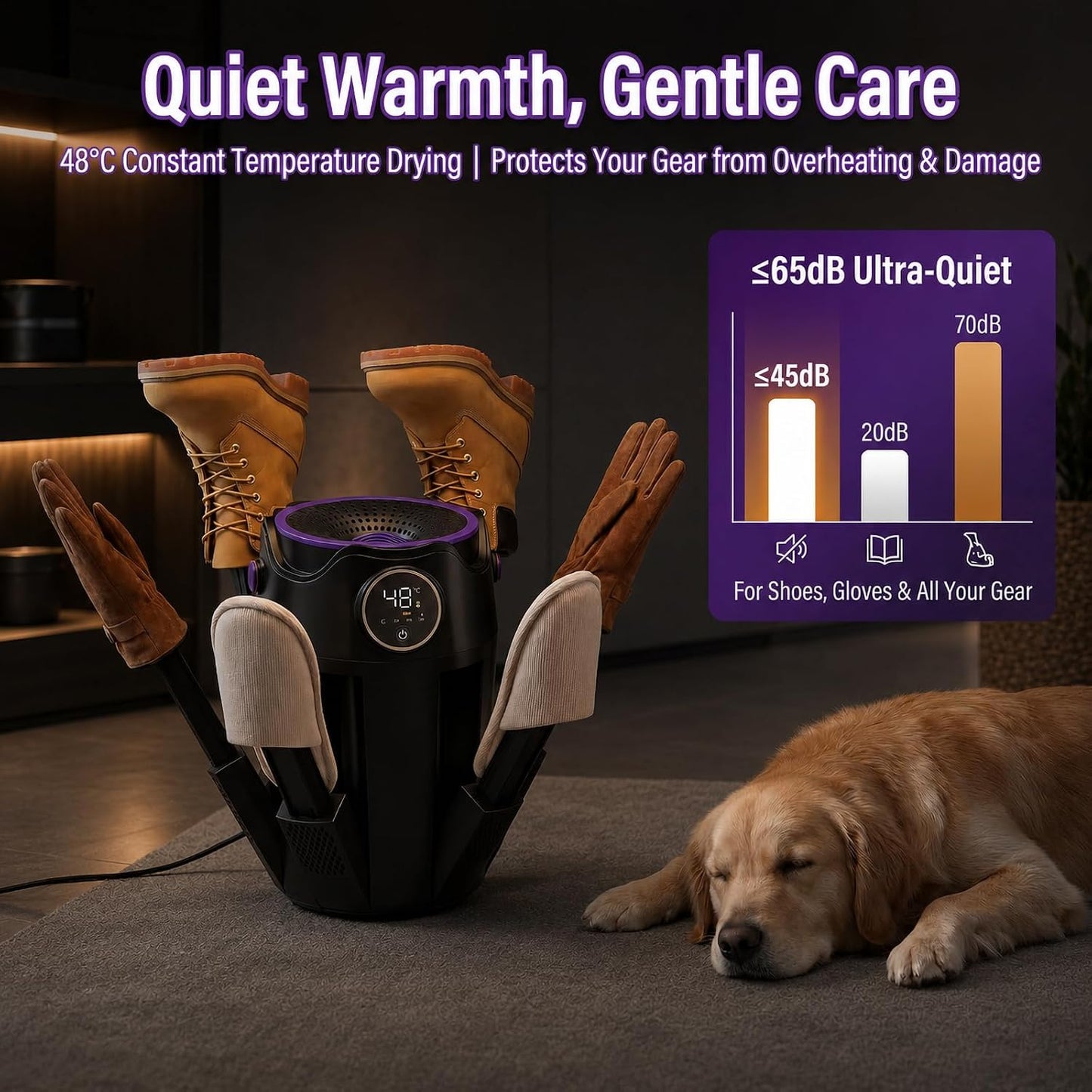 Boot Dryer, Shoe Dryer, 6-Arm Telescopic Foldable Electric Heating Machine | 3/6/9H timer, PTC constant-temp heat helps protect shoe materials, portable use, for gloves, work boots, sneakers, ski boots