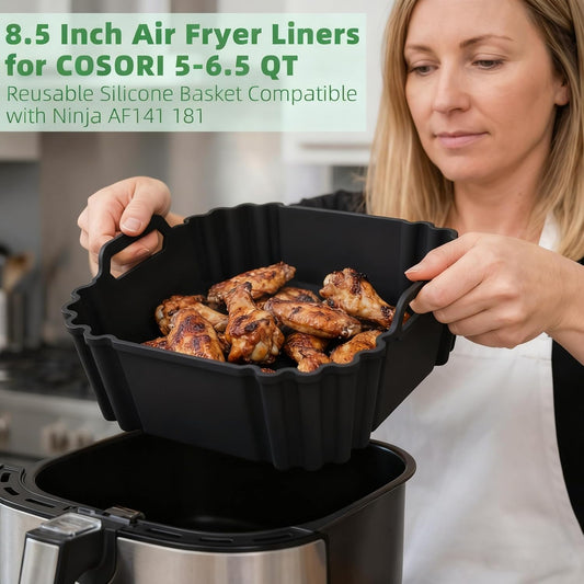 Silicone Air Fryer Liners for Cosori 9-in-1 TurboBlaze Air Fryer 6 QT,2 PCS Reusable Air Fryer Basket Liners,8.5 Inch Square Silicone Basket,Large Air Fryer Accessories