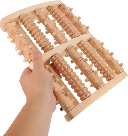 Wooden Foot Massager Roller for Plantar Fasciitis Relief, 5-Row Acupressure Muscle Roller, Portable Foot and Calf Reflexology Massage Tool for Deep Tissue Relaxation