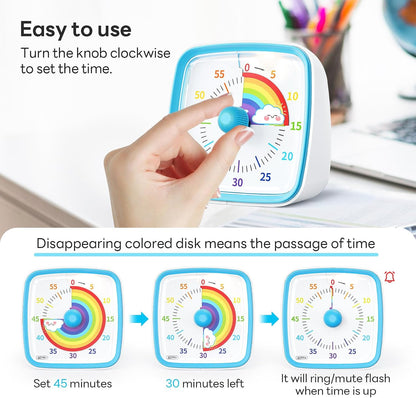 Yunbaoit Visual Timer with Night Light, 60 Minute Countdown, Light Blue | 3 Alarm Modes, Mute Flash, for Kids and Adults, Time Management Tool for Classroom, Home, School, and Work