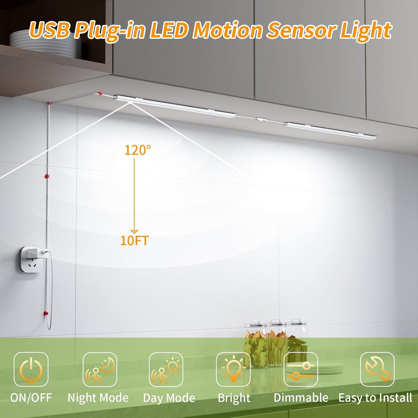 USB Plug-in Motion Sensor Light, ON/Night/Day Modes, Bright&Dimmable | 14" Slim LED Under Cabinet Lighting Indoor for Kitchen, Cabinet, Closet - 6000K Cool White, 1-Bar Standalone