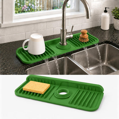 23" Extra Long Silicone Faucet Handle Drip Catcher Tray,7° Sloped Self Draining Mat with Snap-on Design & Soap Holder, Trim-to-Fit Opening,Sink Splash Guard for Kitchen & Bathroom(Green)