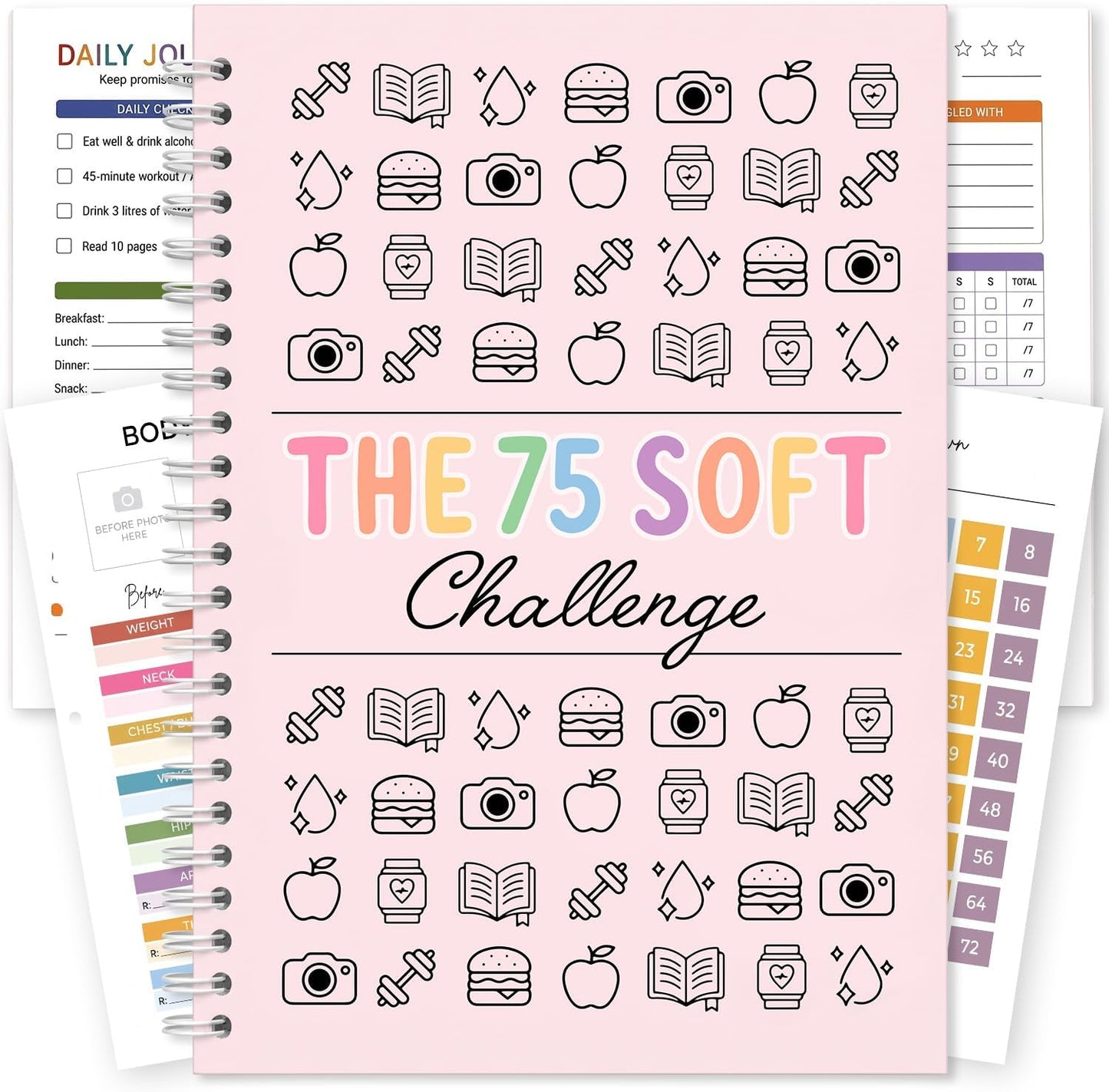 75 Soft Challenge Journal for Women | Daily Habit Tracker A5 Spiral 75-Day Habit Tracker Planner, 106-Page Full-Color Daily Logs, Weekly Reviews, Meal Water Workout Reading Tracker