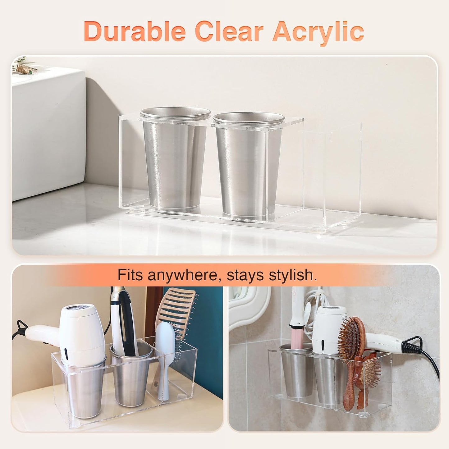 Hair Tool Organizer, Curling Iron Holder, Countertop/Wall Mount | Hair Brush & Spray Organizer, Hot Tools Holder for Vanity Bathroom, Under Sink/Adhesive/Screw Mount, Acrylic, Clear