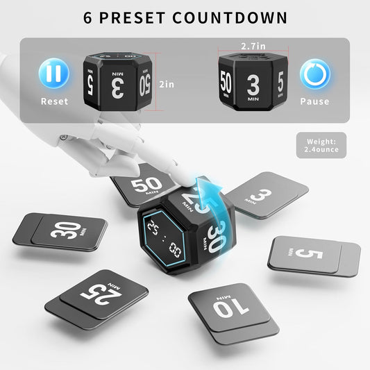 Visual Cube Timer with Visual Countdown, 5 & 25 Min Presets | 6 preset times (25, 5, 3, 10, 30 & 50 min), silent, vibration and sound alerts for study, work and classroom use