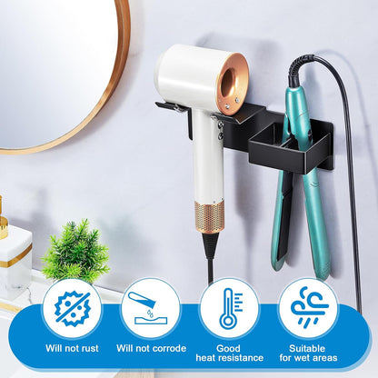 Hair Dryer Holder Wall Mounted, Hair Straightener Holder Metal, Adhesive Blow Dryer and Hair Straightener Holder, Bathroom Bedroom Hair Tool Organizer for Flat Iron,Curling Iron,Hairdryer (White)