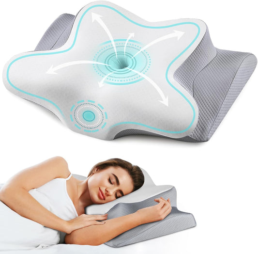 Cervical Neck Pillow for Pain Relief, Contour Memory Foam Pillows for Sleeping, Ergonomic Pillow Orthopedic Cooling Pillow Bed Pillow Neck Support for Side Back Stomach Sleepers（Grey&White