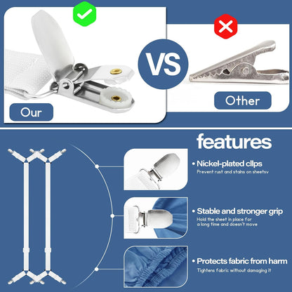 CHRORINE Bed Sheet Holder Straps Adjustable Sheet Fasteners Clips Keep Bedding Stays in Place, 4 Pcs/Set, Black