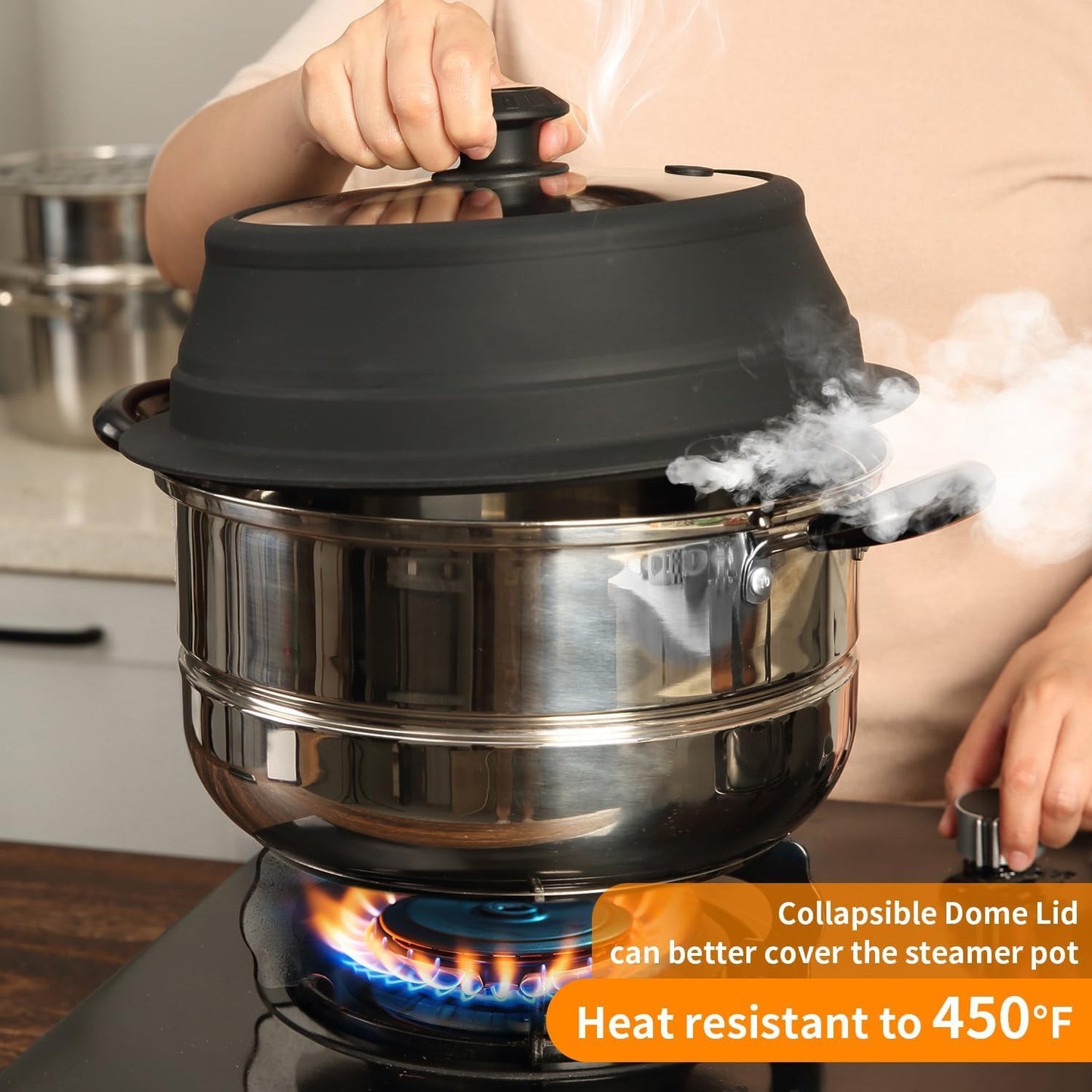 Collapsible Microwave Splatter Lid with Vented Tempered Glass Cover Wok Lid for Microwave Safe, Stockpot Steamer Pot Pan Round Bowl Plate 5" 6" 7" 8" 9" 10" Universal Multifunction Silicone Cover