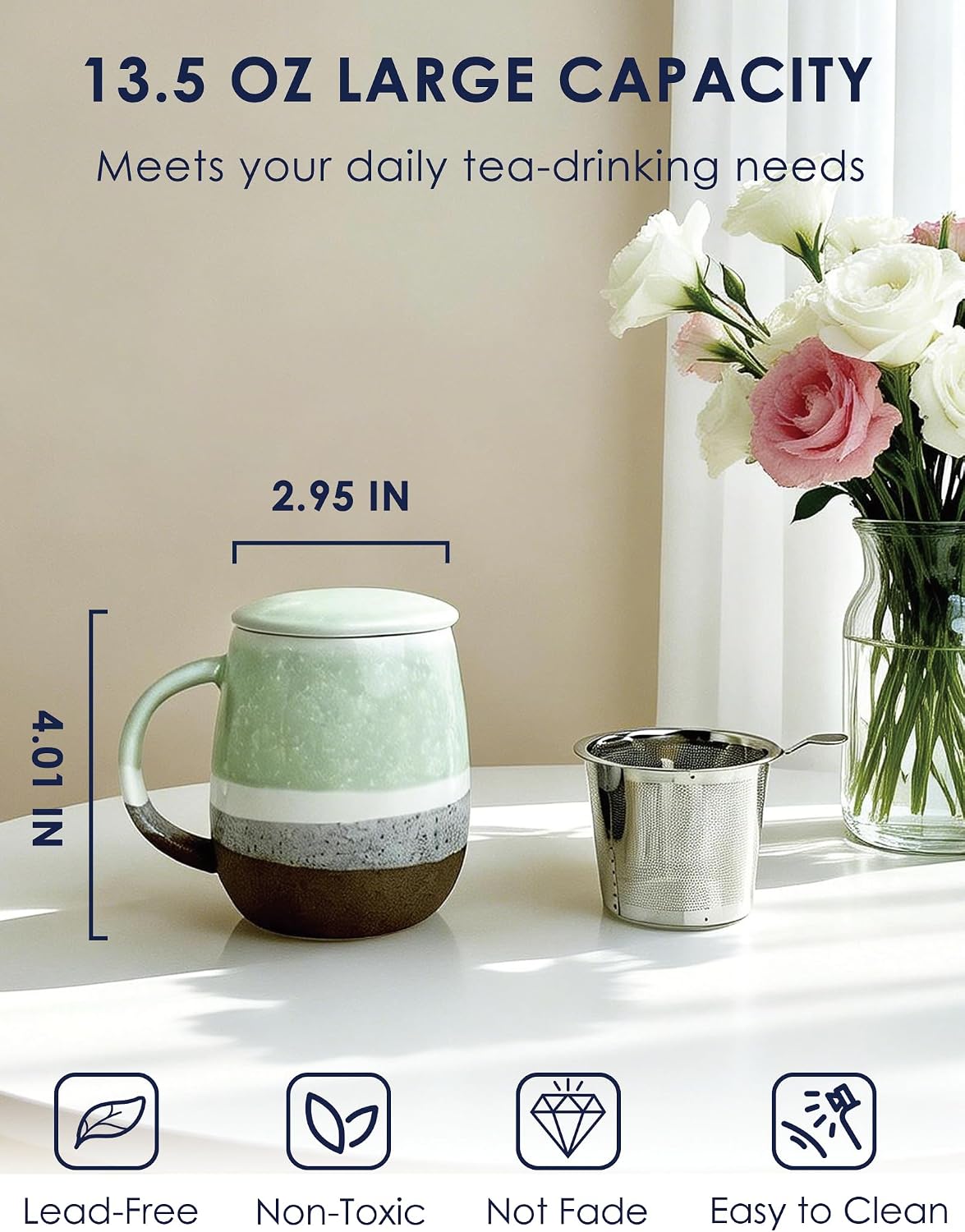 SISETOP 13.5 OZ Large Tea Cup with Infuser and Lid, Reactive Glaze Tea Infuser Mug, Ceramic Loose Leaf Teacup for Brewing, Microwave & Dishwasher Safe, Pale Blue