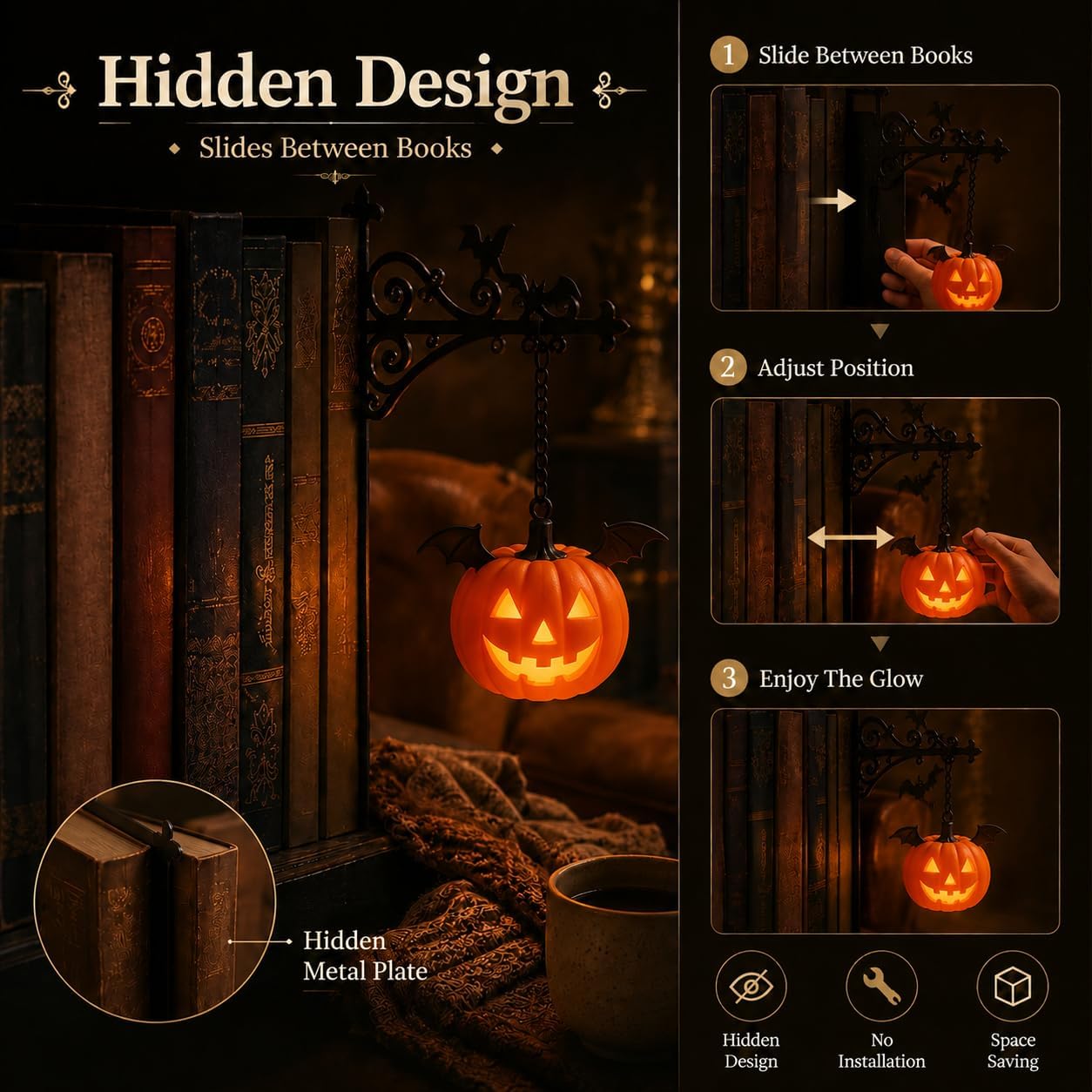 Library Lantern-Decorative Bookshelf Lighting, Mini Bookshelf Lamp Slides Between Books, Warm Amber LED Bookshelf Lights for Book Nook, Shelf Decor Gift for Book Lovers(Classic Lantern)