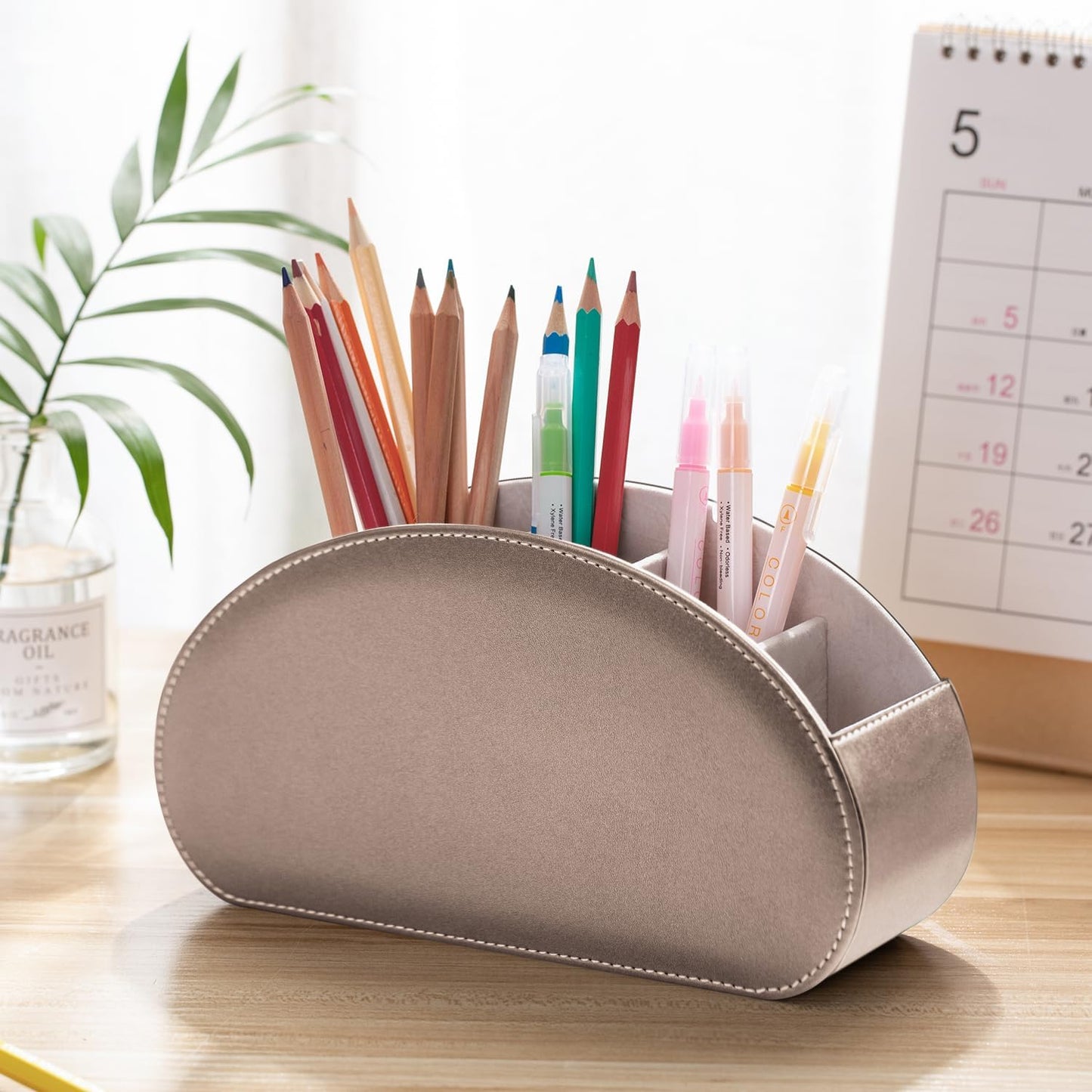 Remote Control Holders Organizer Box with 5 Compartment PU Leather Caddy | Multi-functional Office Desk Storage Caddy Store Tv Remote for Media Player,Brush,Pencil,Glassees&Office Supplies
