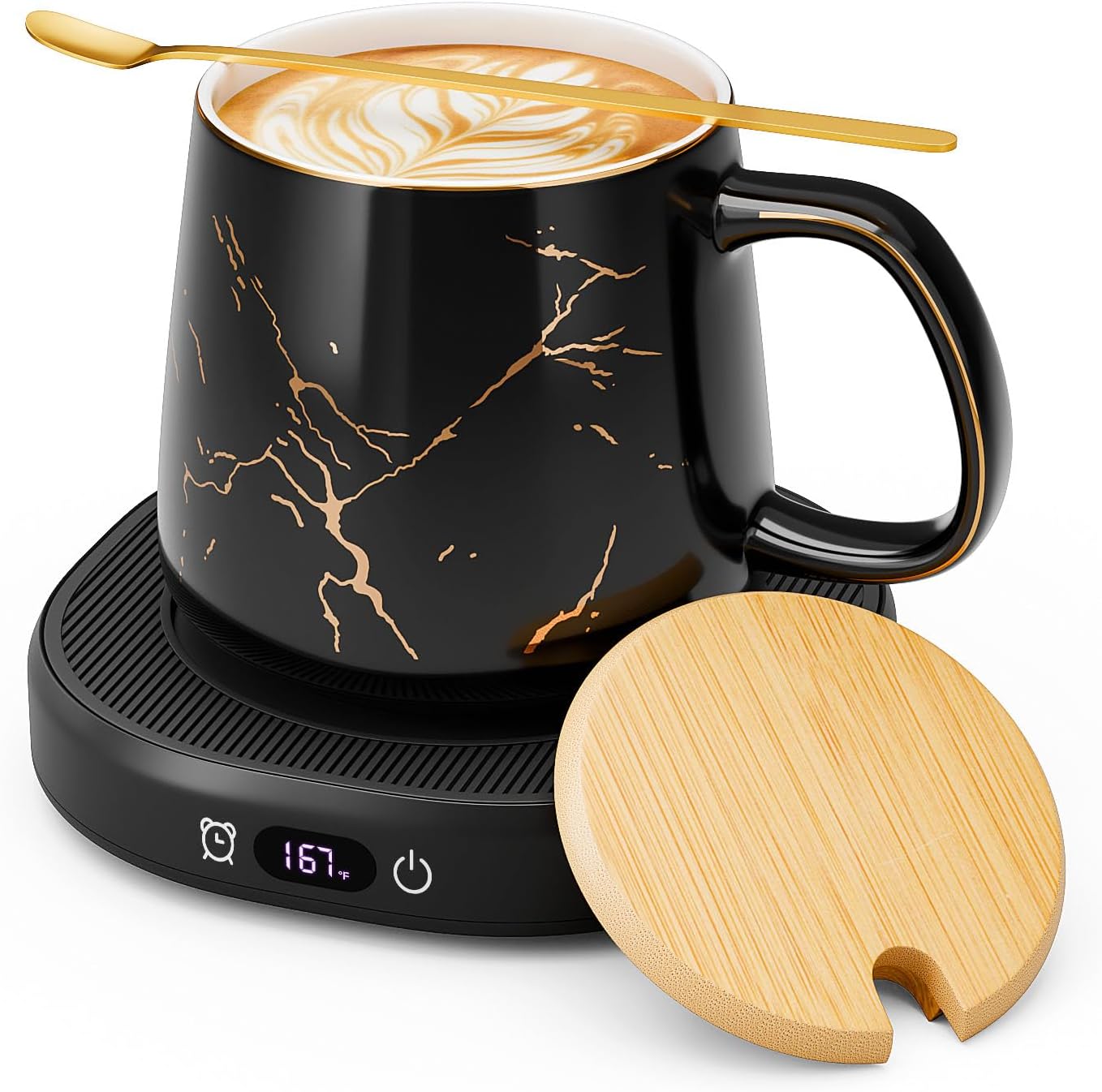 Coffee Mug Warmer & Pure Black Mug Set, Electric Cup Warmer for Desk | Beverage Warmer Plate for Coffee,Tea,4 Temperature Setting,8-Hours Auto Shut Off,14oz Mug with Spoon & Bamboo Lid Included