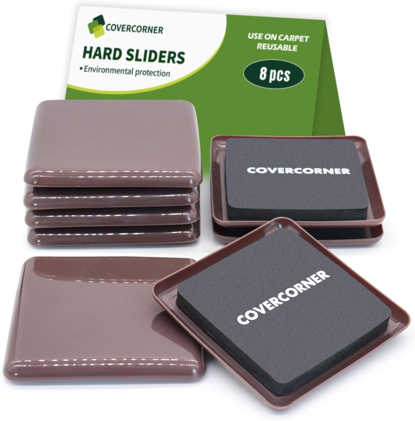 Furniture Sliders for Carpet 8 PCS - 3 1/2" Brown | Furniture Moving Sliders, Carpet Sliders for Furniture, Square Furniture Movers Sliders - Move Your Furniture Easily & Safely