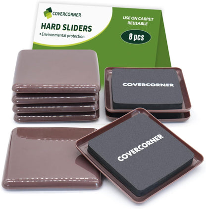 Furniture Sliders for Carpet 8 PCS - 3 1/2" Brown | Furniture Moving Sliders, Carpet Sliders for Furniture, Square Furniture Movers Sliders - Move Your Furniture Easily & Safely