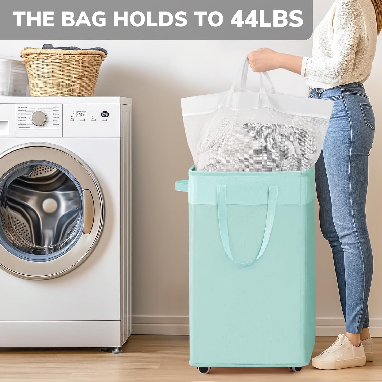 Goodpick 75L Laundry Basket with Wheels & Removable Wash Bag for Dorm | Rolling Laundry Basket with Handles for Dirty Clothes, Fodable Hamper for Laundry Room, Dorm Room Essentials, Grey