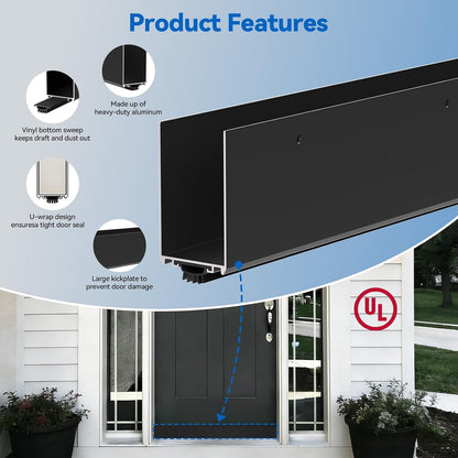 36" Metal Door Sweep with Kick Plate for 1-3/4" Thick Standard Exterior Doors, Aluminum and Vinyl U-Shape Screw-on Draft Stopper for Bottom, Blocks Dust, Insects & Drafts Saves Energy(Black)