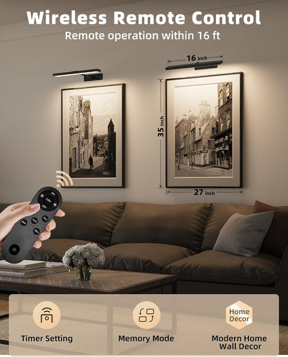 EZVALO Picture Light for Wall, 4800mAh Rechargeable Wireless Gold Light with IR Remote, Dimmable Magnetic LED Art Display Light with 3 Color Temperatures, for Gallery, Living Room, Bedroom(2Pack)