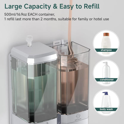 Shampoo and Conditioner Dispenser 3 Chamber No Drill Shower Soap Dispenser Wall Mounted Shampoo Conditioner Body Wash Dispenser 3 * 500ml Refillable Shower Dispenser for Bathroom Hotel, Silver