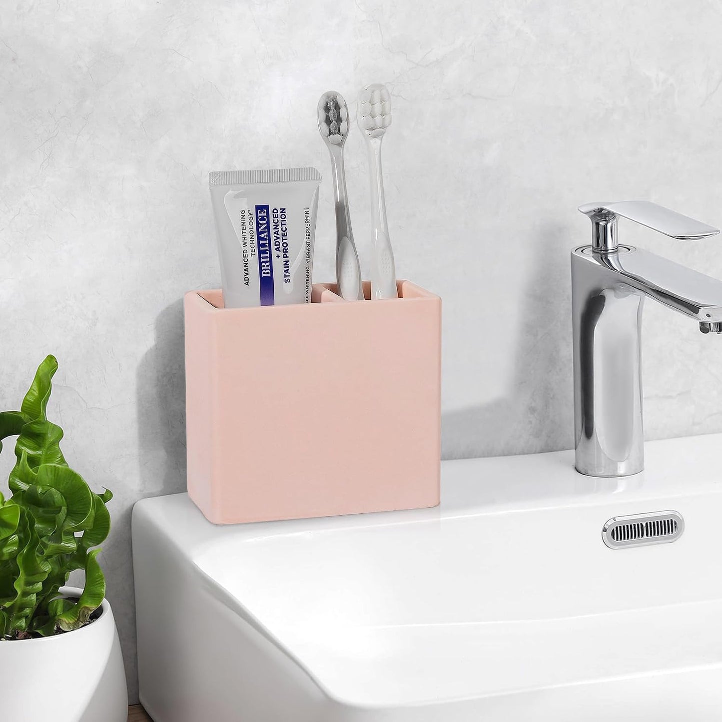 Diatomite Toothbrush Holder Toothpaste Organizer, Marble White | Quick Drying, Non-Slip, 2 Slots Kids Electric Tooth Brush Holder for Bathroom, for Countertop, Shower, Vanity