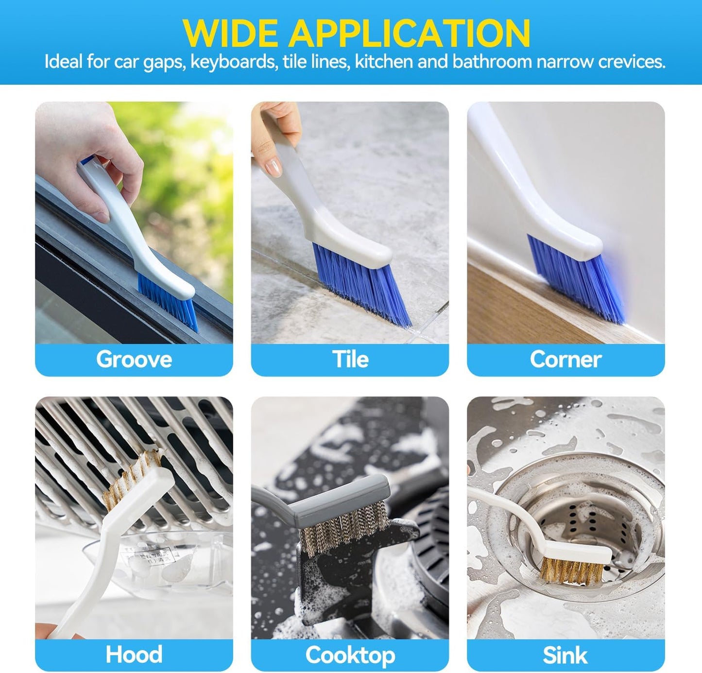 Crevice Cleaning Brush Set for Kitchen & Window Tracks, 4-Piece | 4-piece set includes hard bristle, steel wire, brass wire, nylon brushes and a built-in scraper for gaps, grout and tracks.
