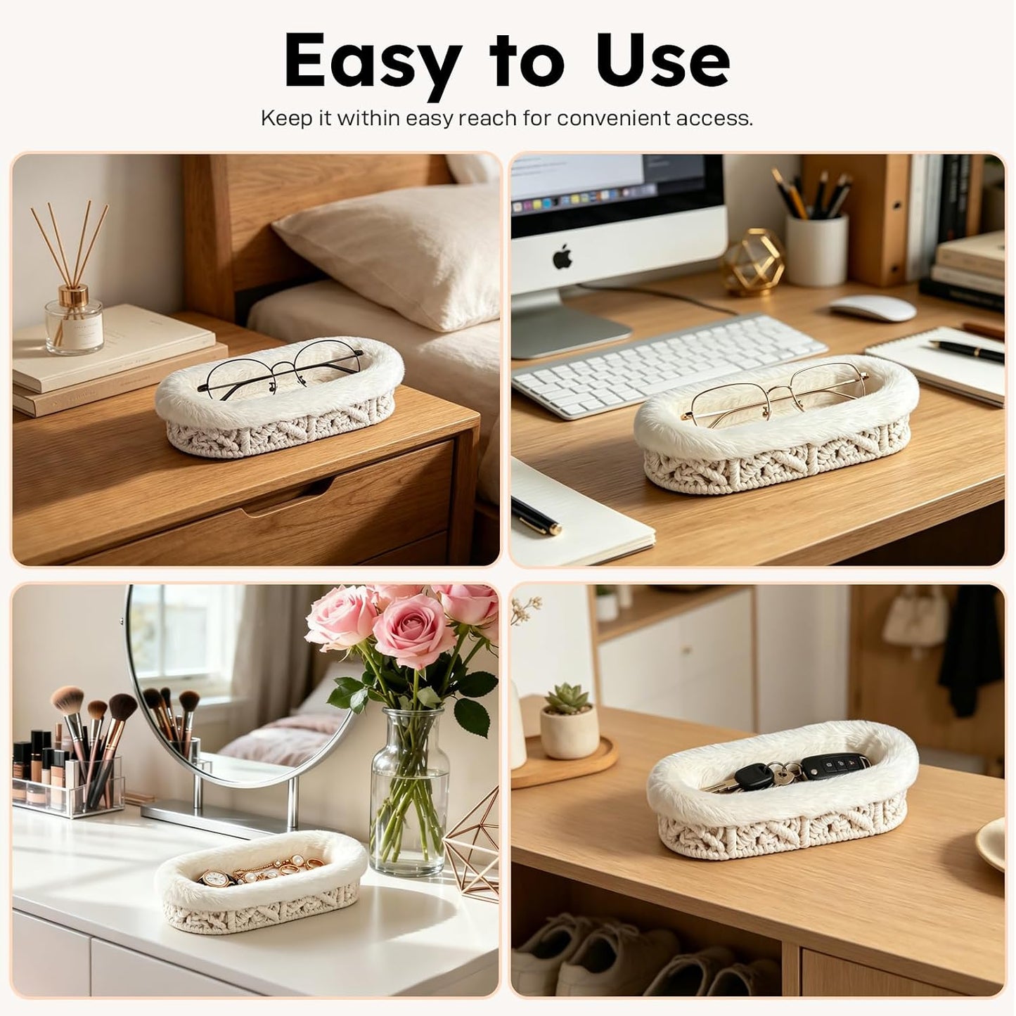 Glasses Holder, Anti-scratch Plush Lined Eyeglass Holder Stand | Oval Eye-glasses Storage Organizer Case for Nightstand, Office Desk, Bedside Table, Beige