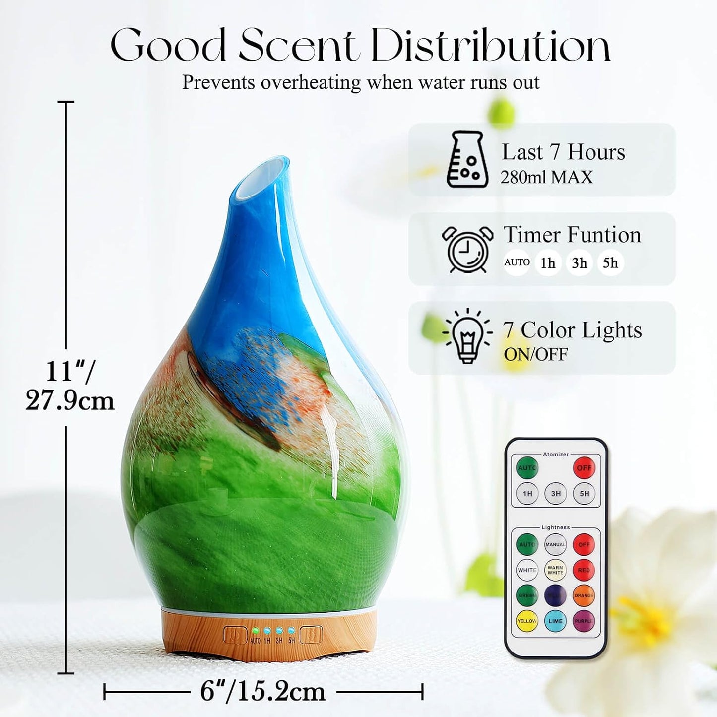 Porseme 280ml Remote Essential Oil Diffuser 3D Glass Ultrasonic Mist 7H | Elegant Handmade Glass Aroma Diffuser with 7-color LEDs, Quiet Aromatherapy and Safe Auto Shut-off, Perfect for Gifts