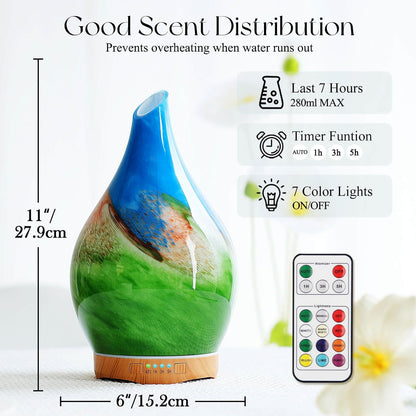 Porseme 280ml Remote Essential Oil Diffuser 3D Glass Ultrasonic Mist 7H | Elegant Handmade Glass Aroma Diffuser with 7-color LEDs, Quiet Aromatherapy and Safe Auto Shut-off, Perfect for Gifts