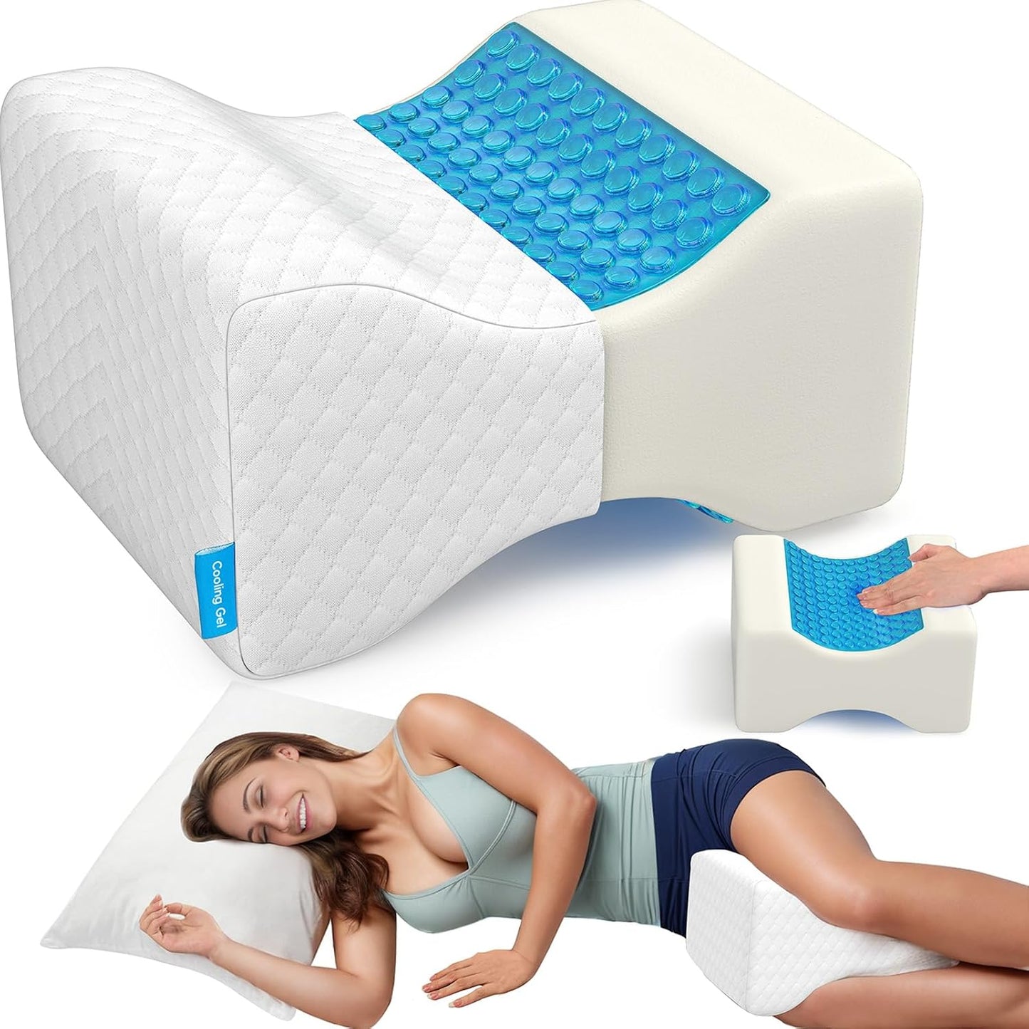 CloudBliss Cooling Gel Knee Pillow for Side Sleepers, Memory Foam, White | Contoured leg pillow, high-density foam, removable machine-washable cover, breathable fabric, hip and knee support